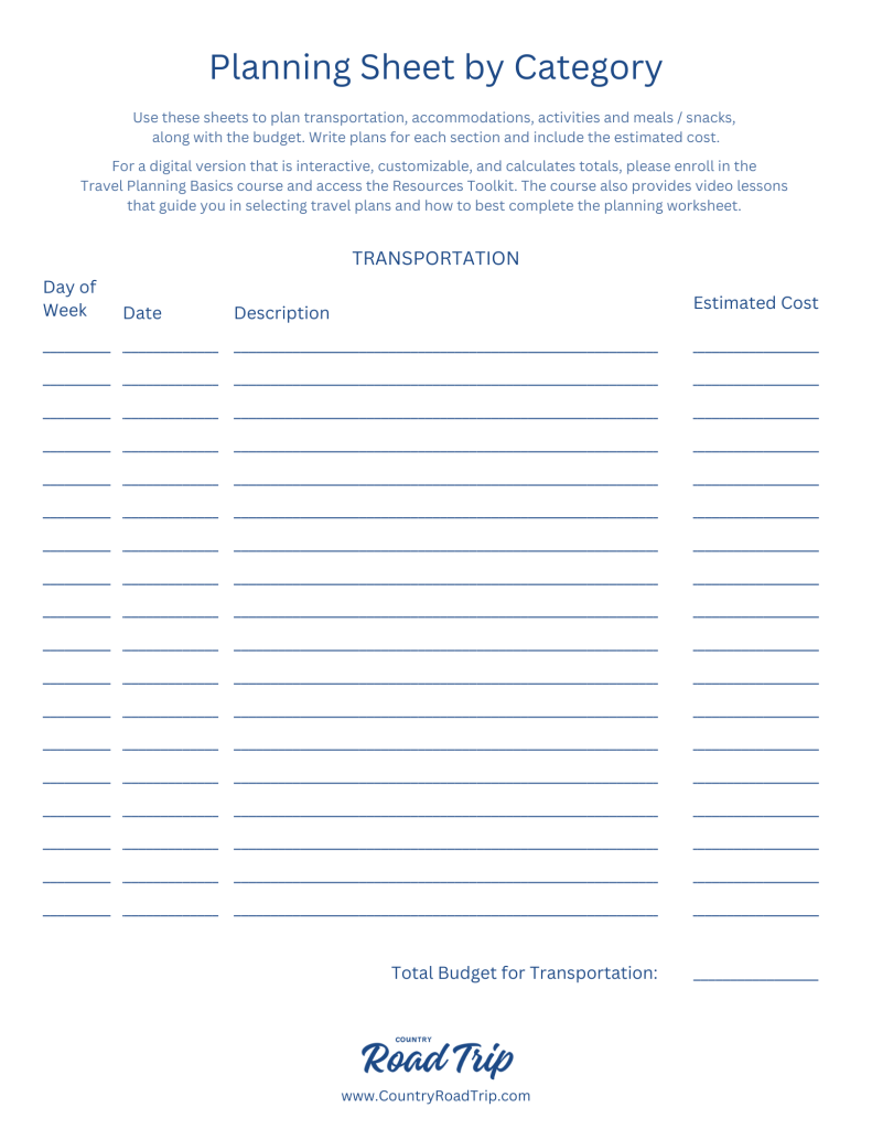 Planning and Budget Sheets organized by category