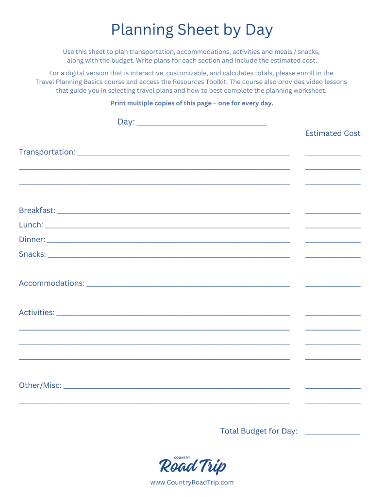 Planning and Budget Sheet - Organized by Day